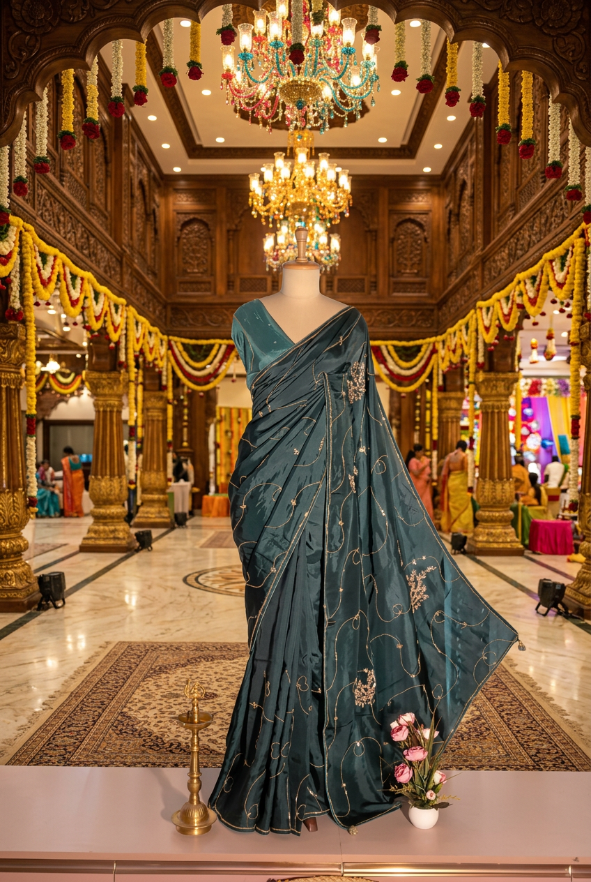 Fancy silk hand work saree cutdana, zardozi work view 3