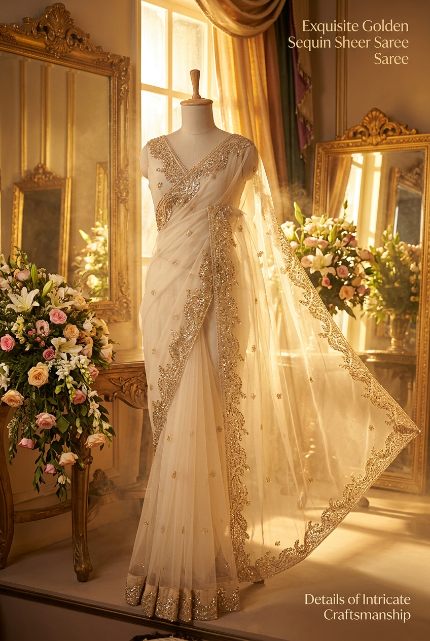 Designer Net Saree With Hand Work
