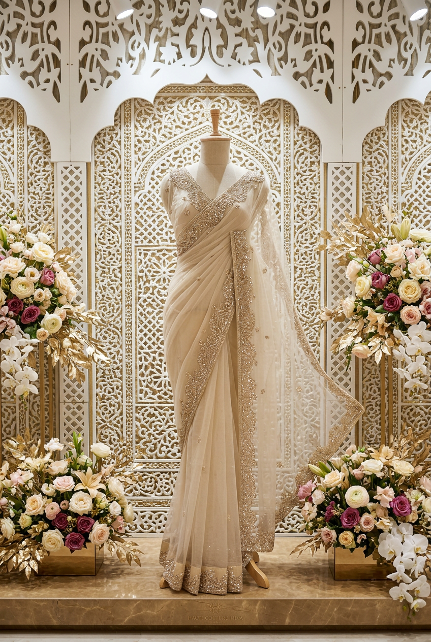 Designer Net Saree With Hand Work view 3
