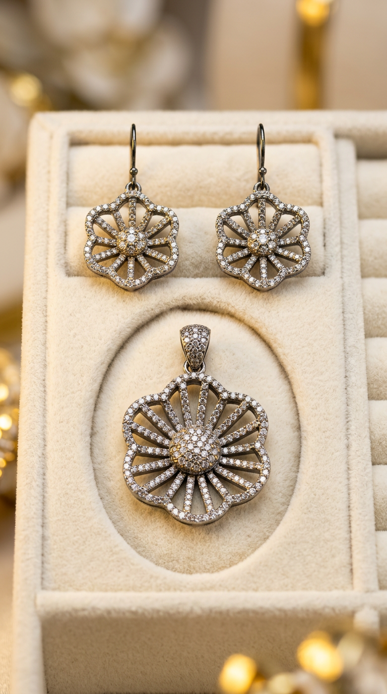 Artistic Floral Earring and Pendant Set in 925 Silver view 2