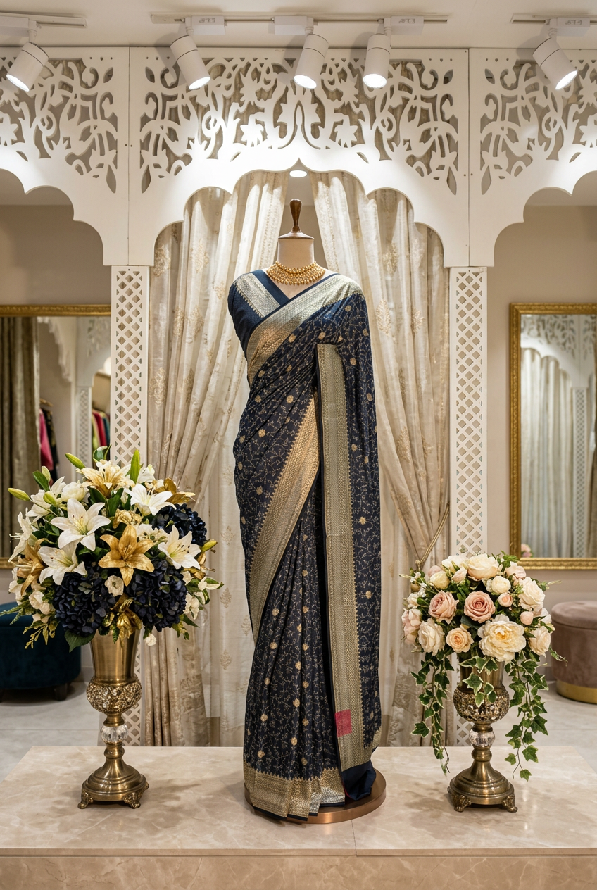 Banarasi tansuee silk saree with zari butta and border view 3