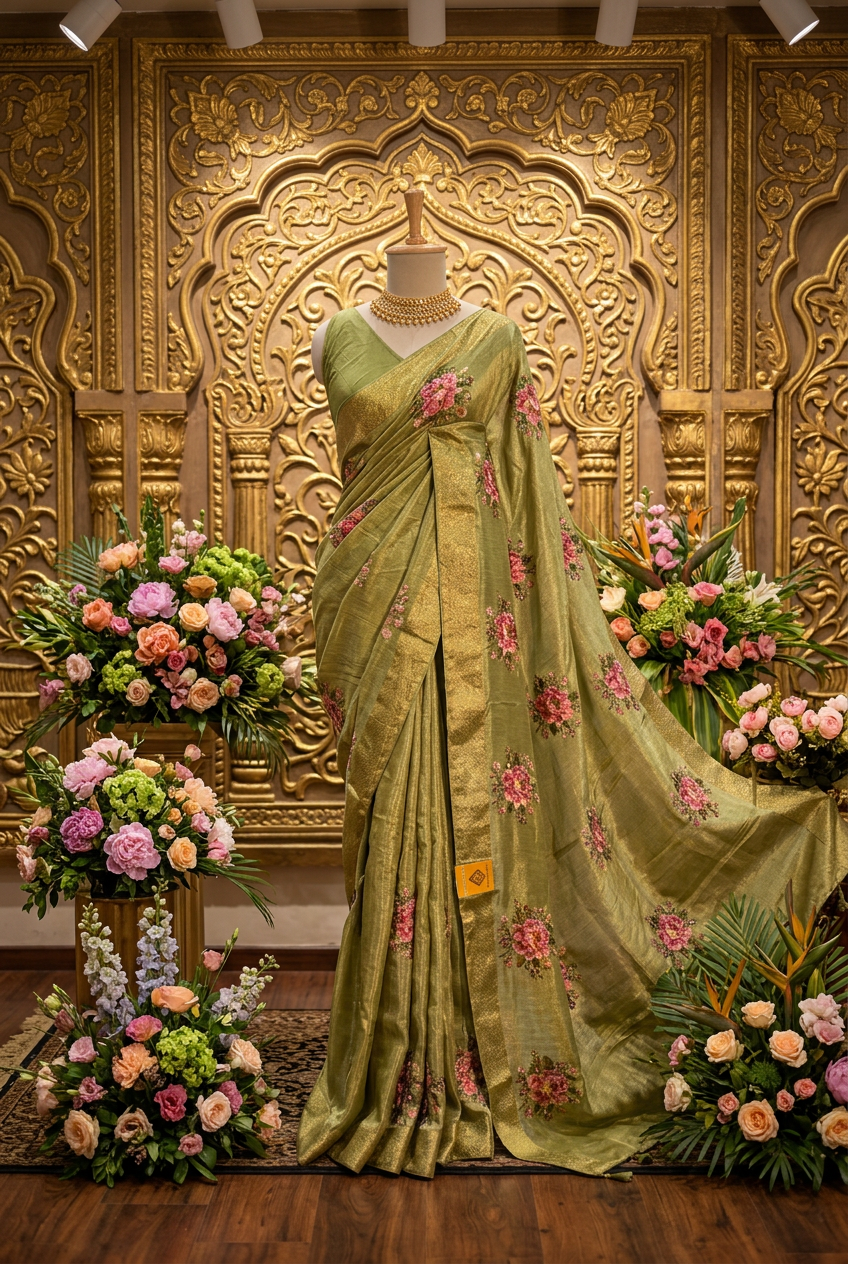 Tissue saree with emboroidery view 5
