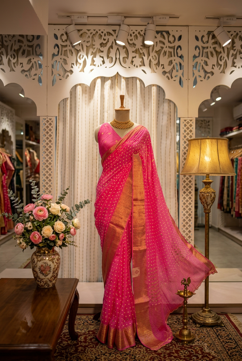Dola silk Bandhani with gotta patti work. view 2