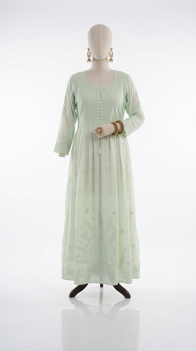 Lucknow Chikan Embroidered Viscose Gown Kurta with Mukesh Work view 2