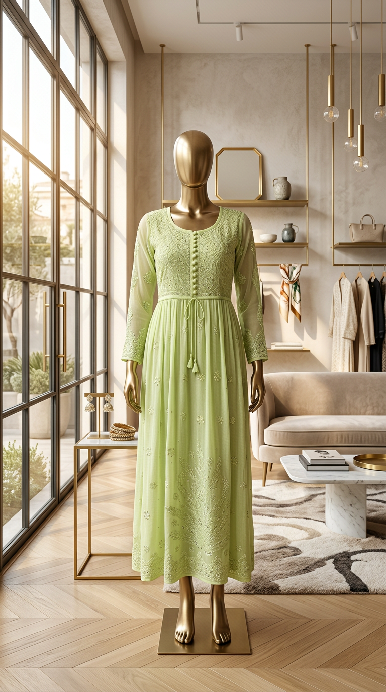Lucknow Chikan Embroidered Viscose Gown Kurta with Mukesh Work