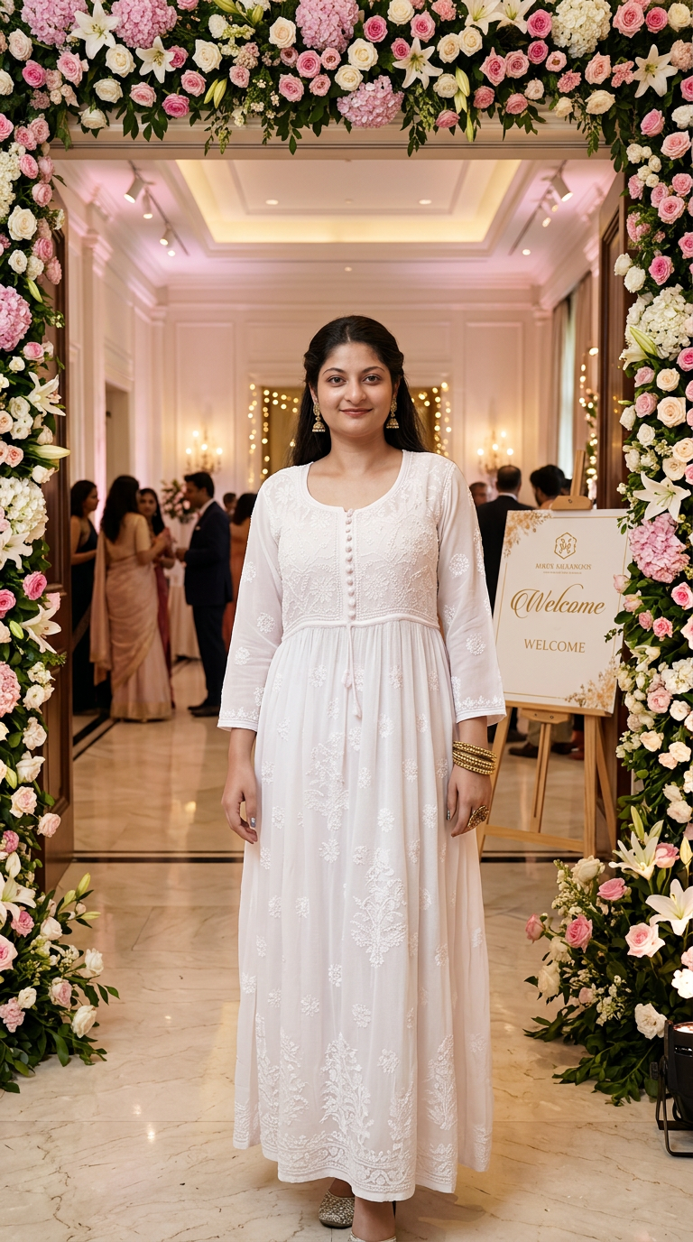 Lucknow Chikan Embroidered Viscose Gown Kurta with Mukesh Work view 3