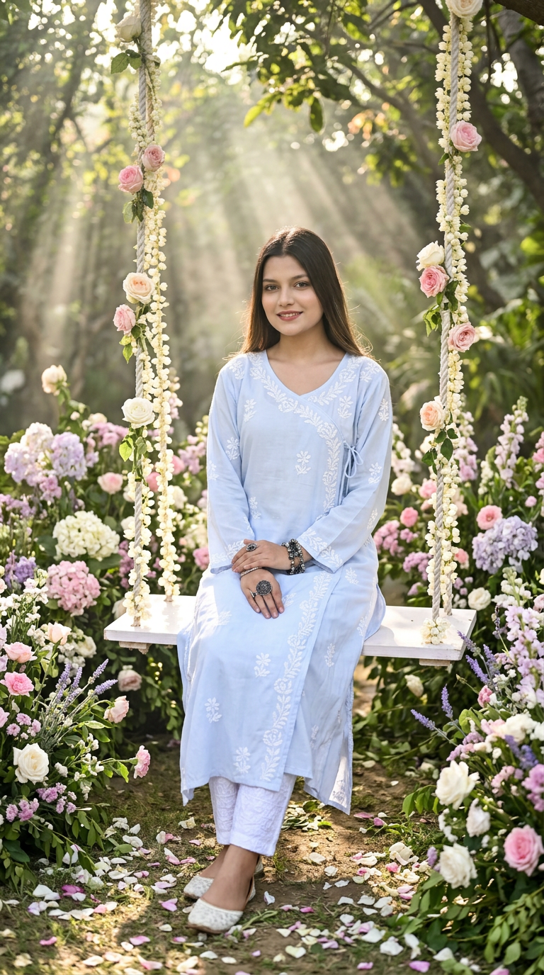 Lucknow Chikankari Hand Embroidered Angarkha Style Kurti