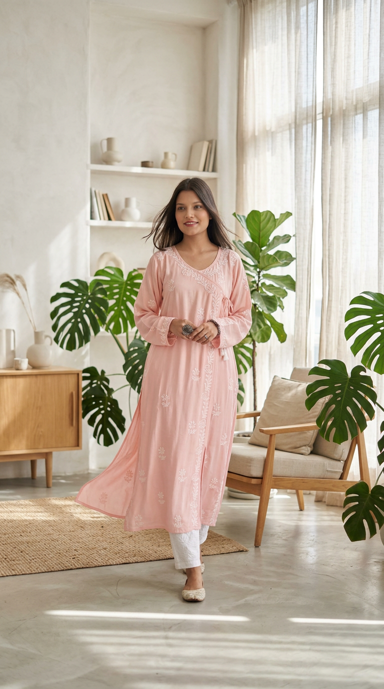 Lucknow Chikankari Hand Embroidered Angarkha Style Kurti view 2