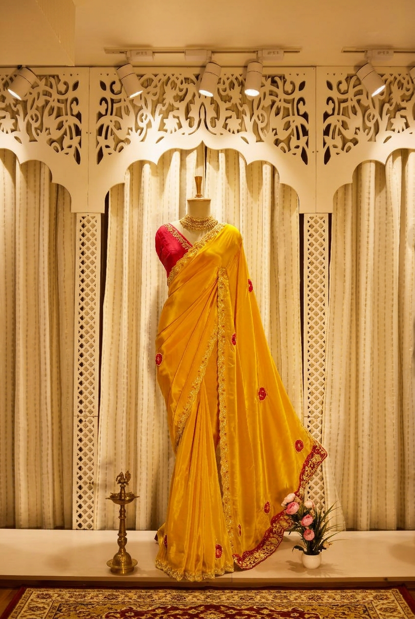 Satin Creep With Applic Patch And Hand Work Designer Saree view 2