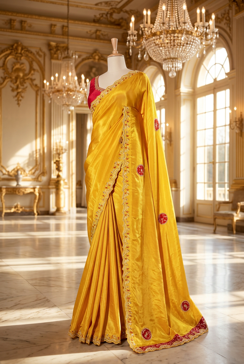 Satin Creep With Applic Patch And Hand Work Designer Saree