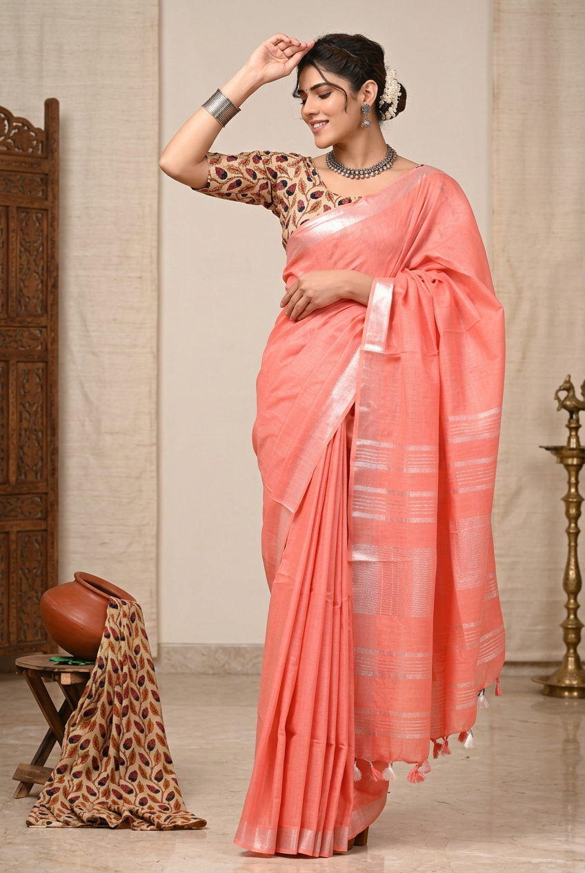 Cotton Linen Saree with Cotton Printed Blouse