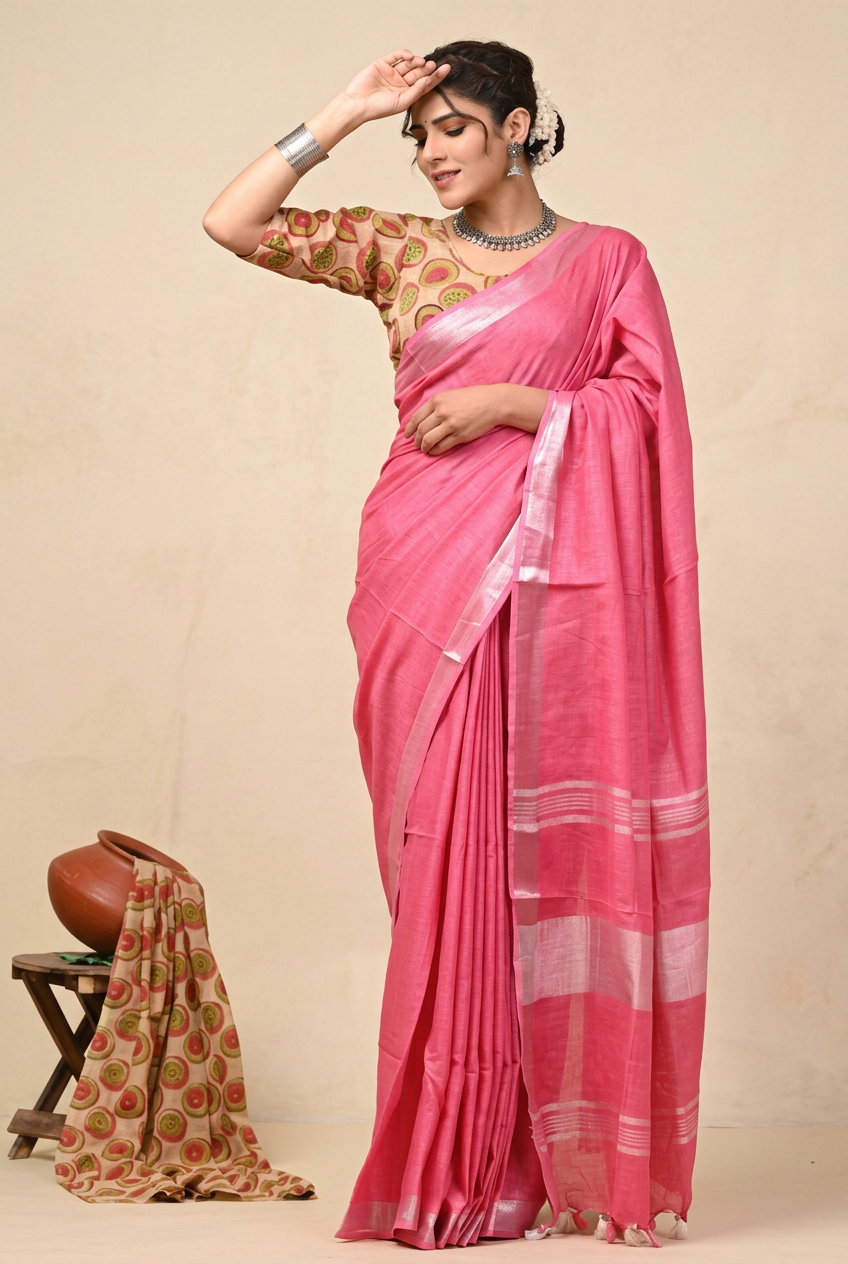 Cotton Linen Saree with Cotton Printed Blouse view 3