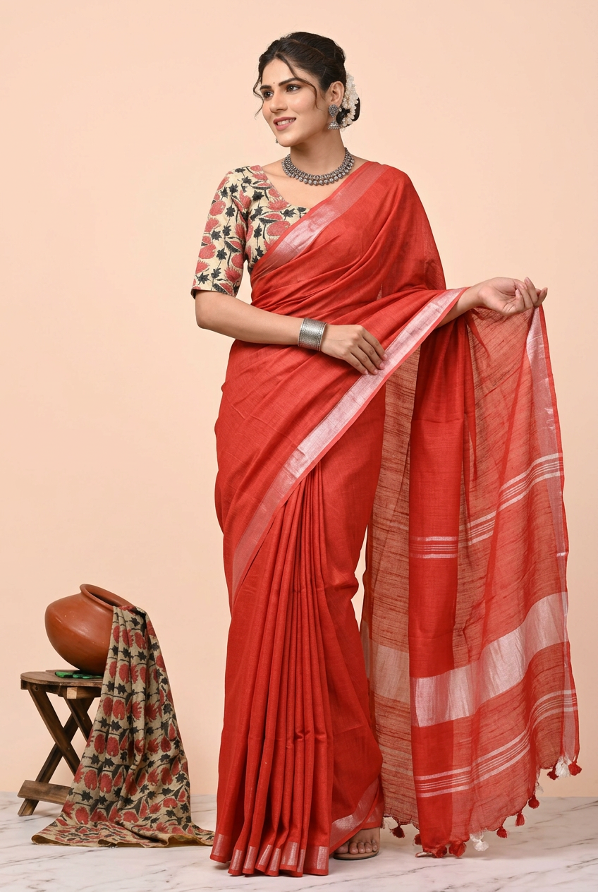Cotton Linen Saree with Cotton Printed Blouse view 2