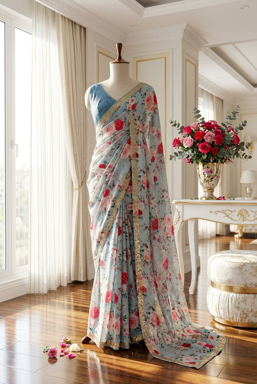 Designer Floral Print Pure Chiffon Saree view 3