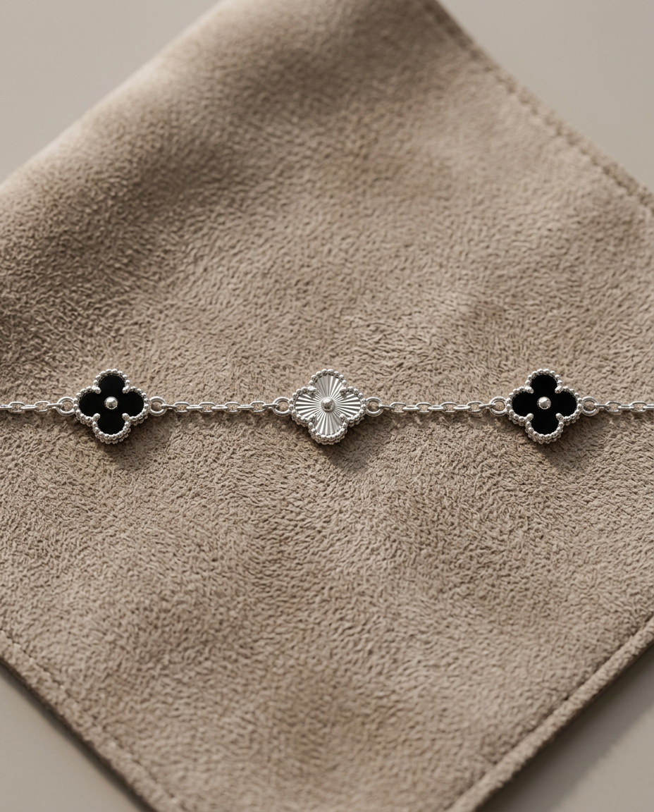 The Dual Radiance Guilloché & Noir Clover Silver Bracelet
