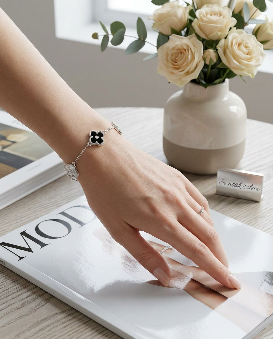 The Dual Radiance Guilloché & Noir Clover Silver Bracelet view 2