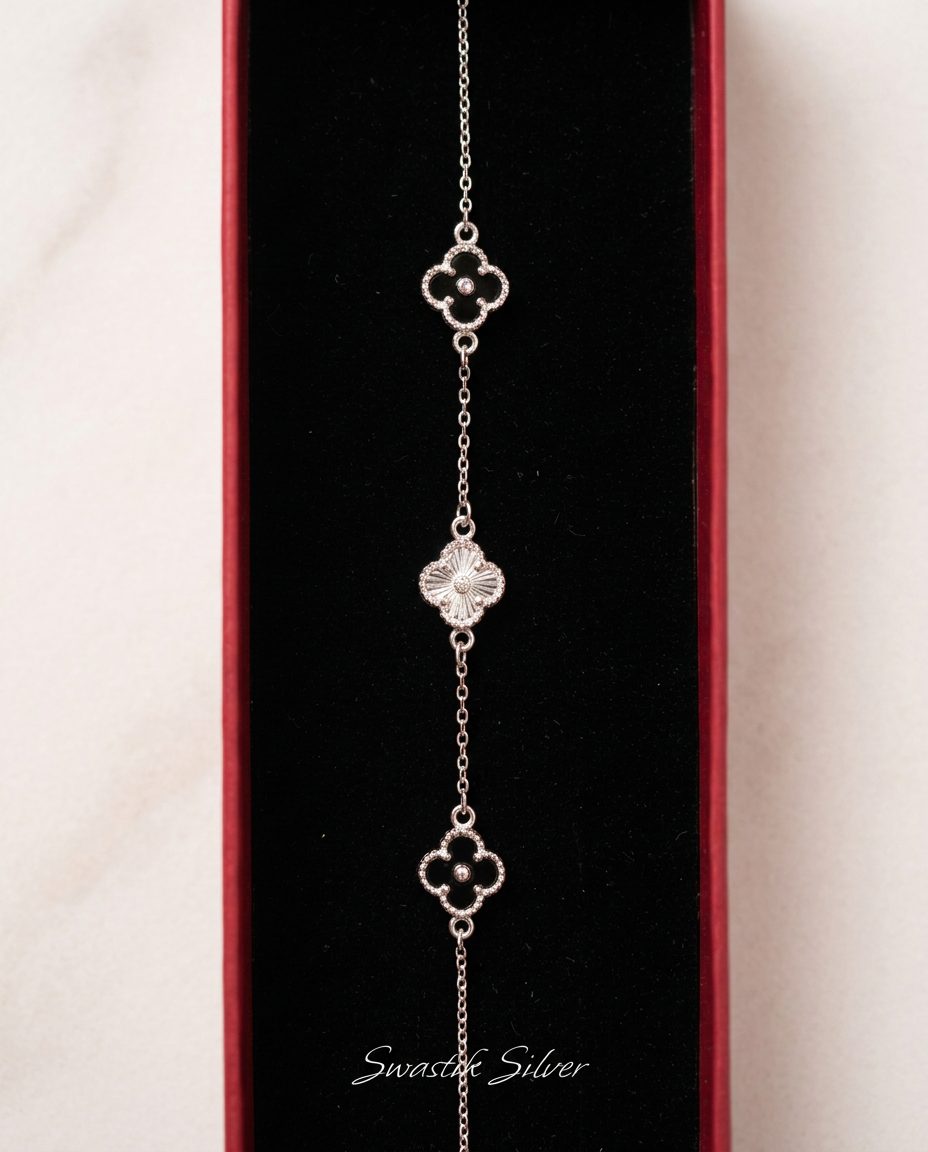 The Dual Radiance Guilloché & Noir Clover Silver Bracelet view 3