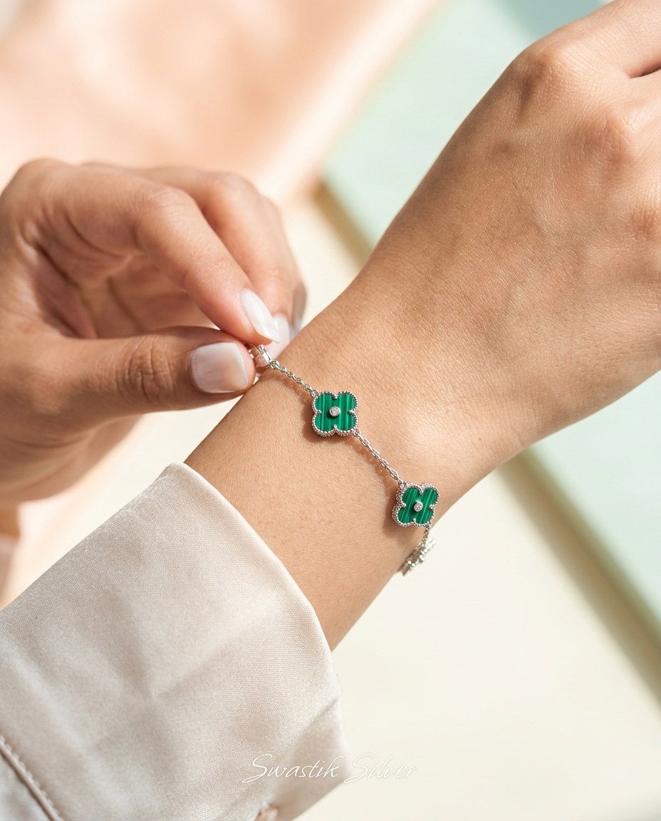 Alhambra-Style Malachite & Solitaire Clover Silver Station Bracelet view 4