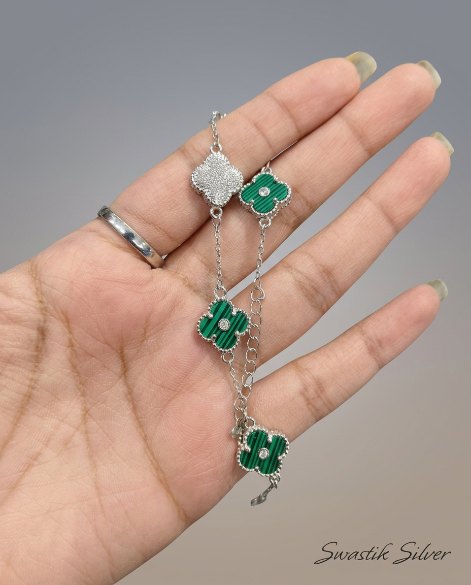 Alhambra-Style Malachite & Solitaire Clover Silver Station Bracelet view 2
