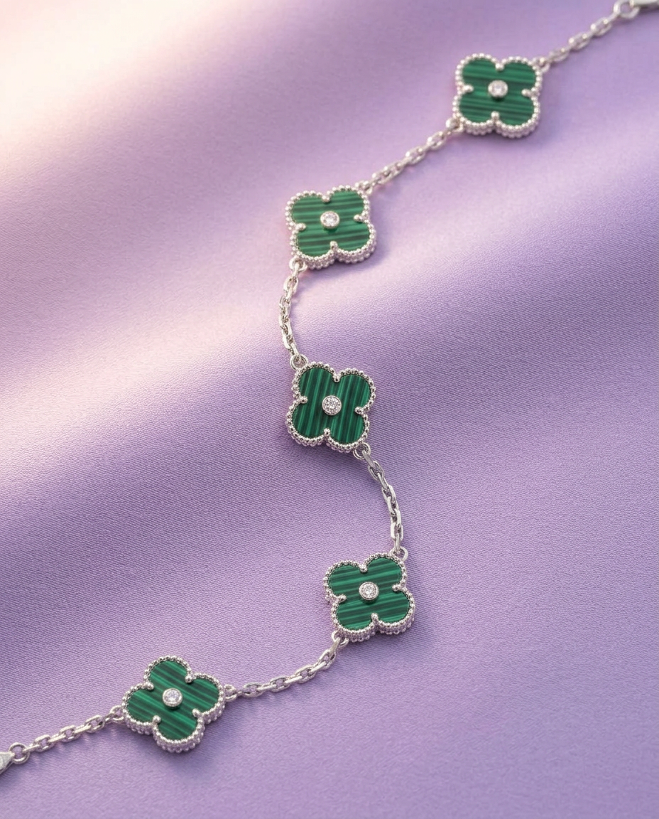 Alhambra-Style Malachite & Solitaire Clover Silver Station Bracelet
