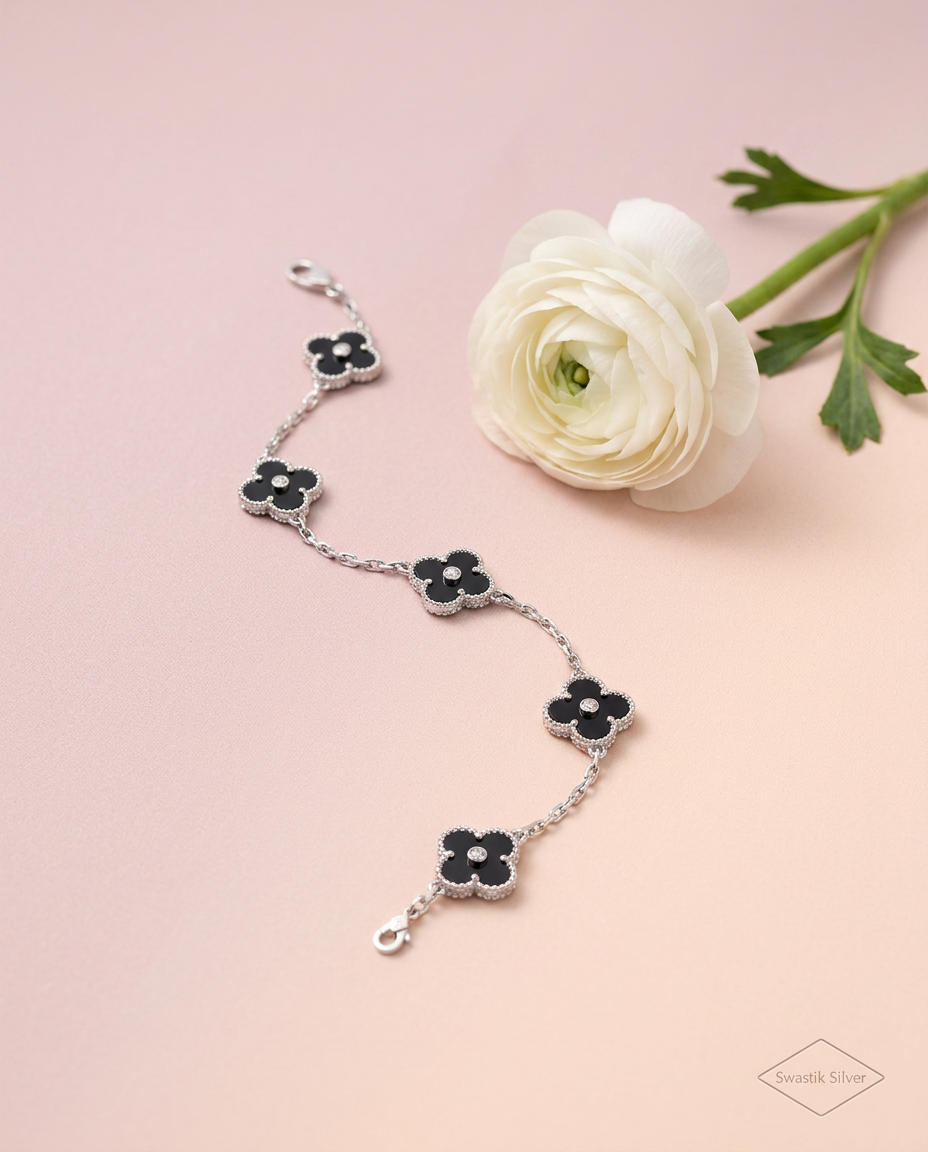The Noir Clover Beaded Border Silver Station Bracelet view 3