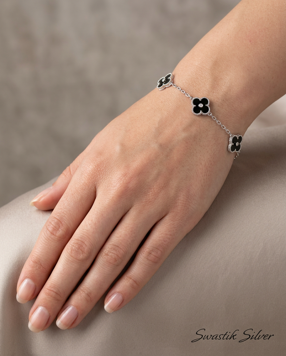 The Noir Clover Beaded Border Silver Station Bracelet view 2