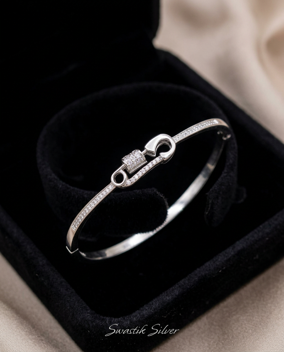 Couture Safety Pin Pavé CZ Silver Bracelet view 2