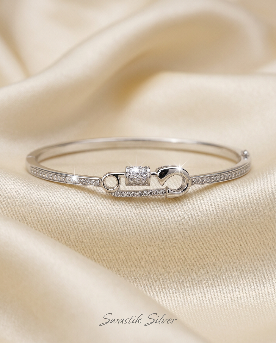 Couture Safety Pin Pavé CZ Silver Bracelet
