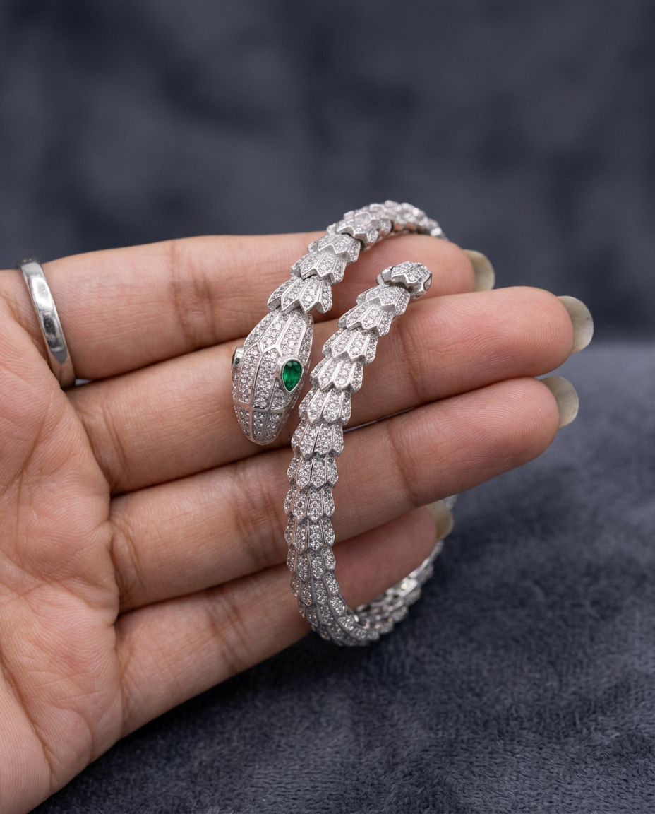 Serpenti Royale Pavé Diamond & Emerald Eye Silver Bracelet view 2