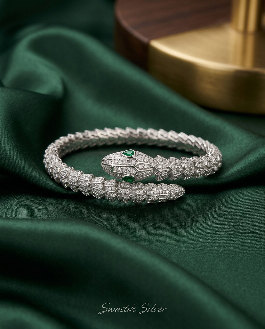 Serpenti Royale Pavé Diamond & Emerald Eye Silver Bracelet