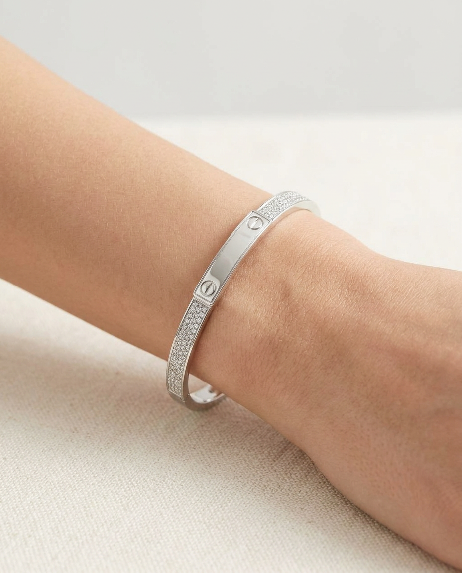 Pavé Screw Motif Silver Openable Bangle Bracelet view 2