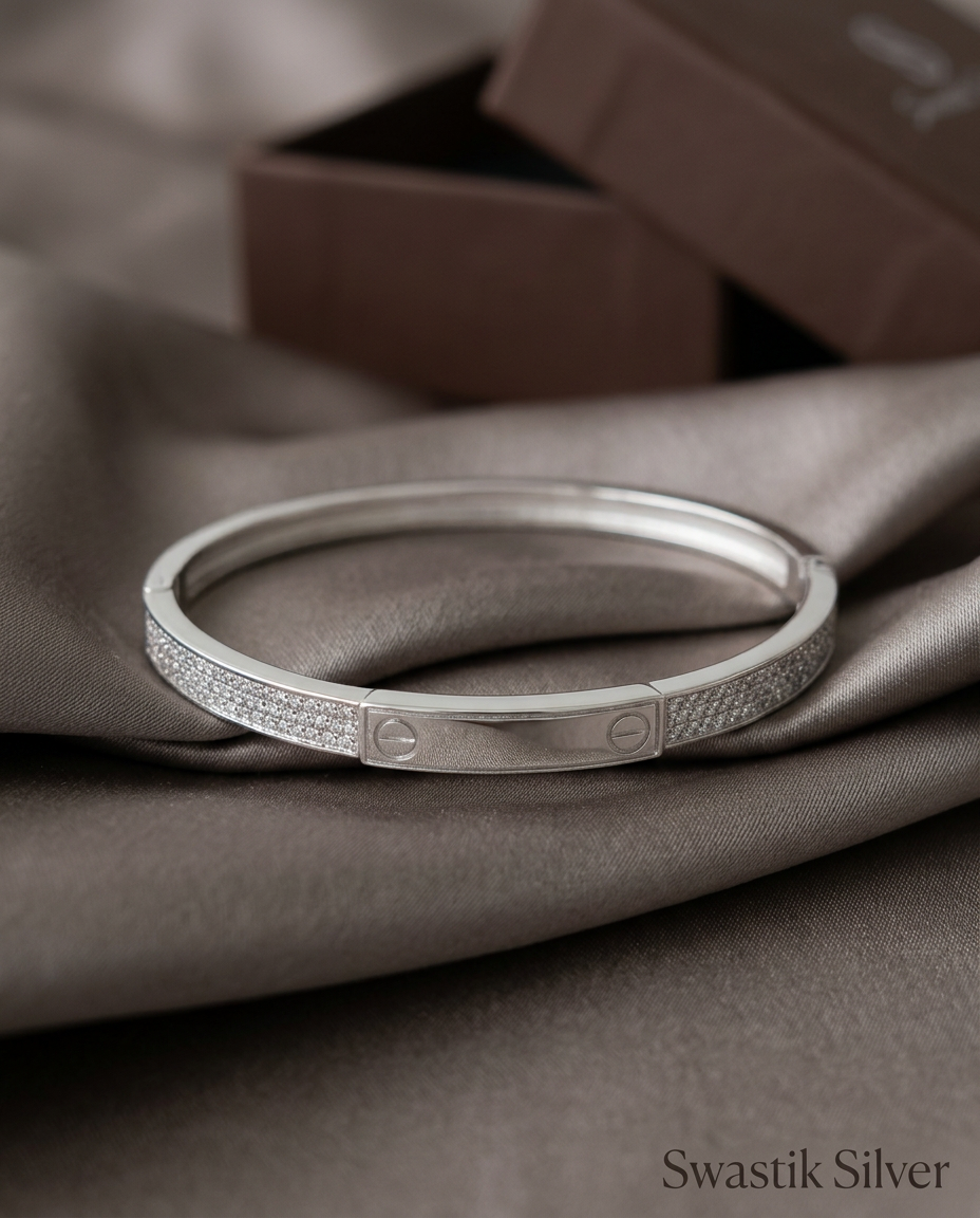 Pavé Screw Motif Silver Openable Bangle Bracelet