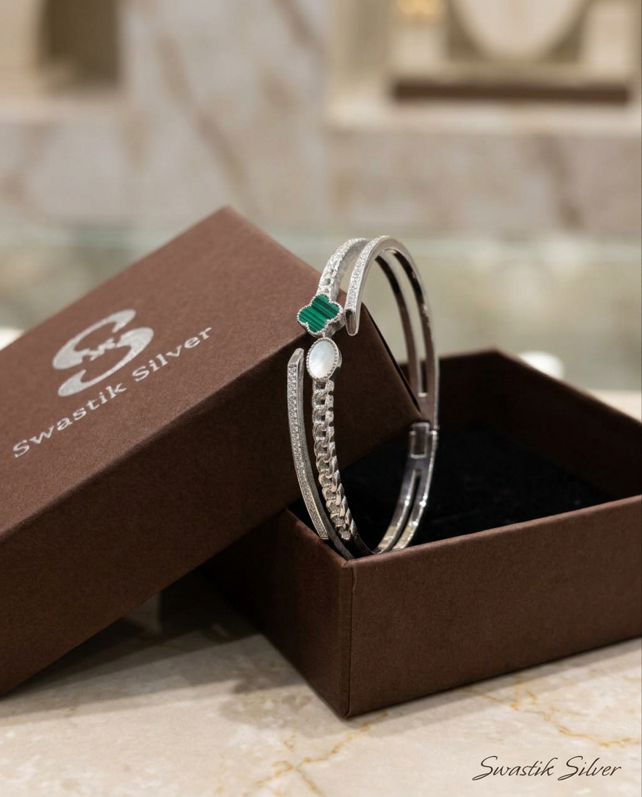 Emerald Shield & Clover Silver Bracelet with Adjustable Ring Set view 4