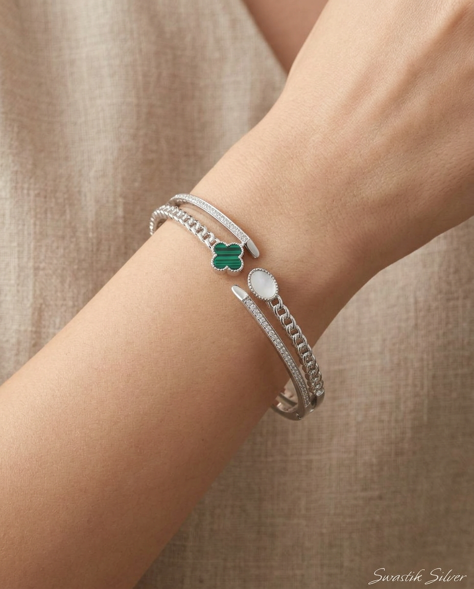 Emerald Shield & Clover Silver Bracelet with Adjustable Ring Set view 3