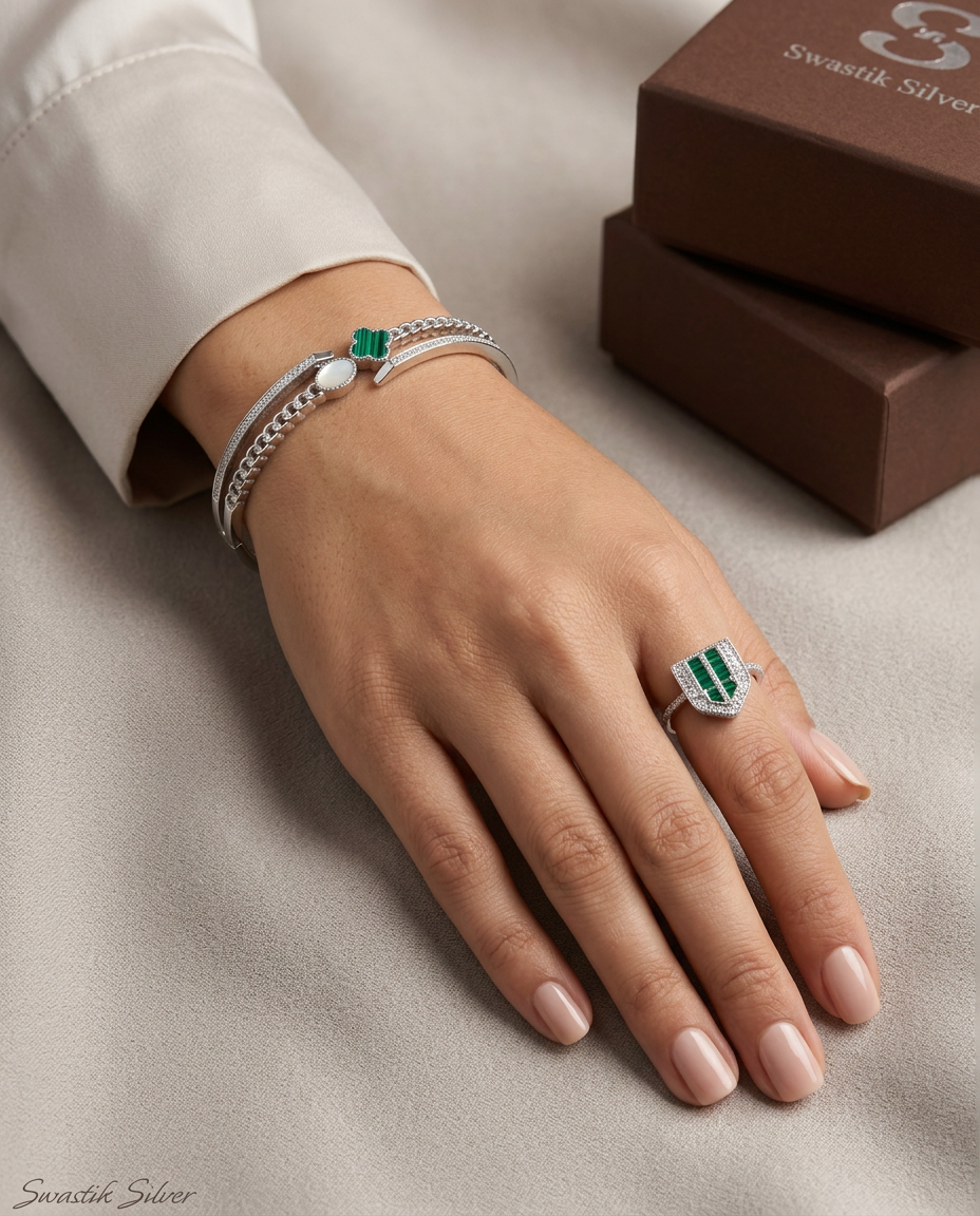 Emerald Shield & Clover Silver Bracelet with Adjustable Ring Set view 2