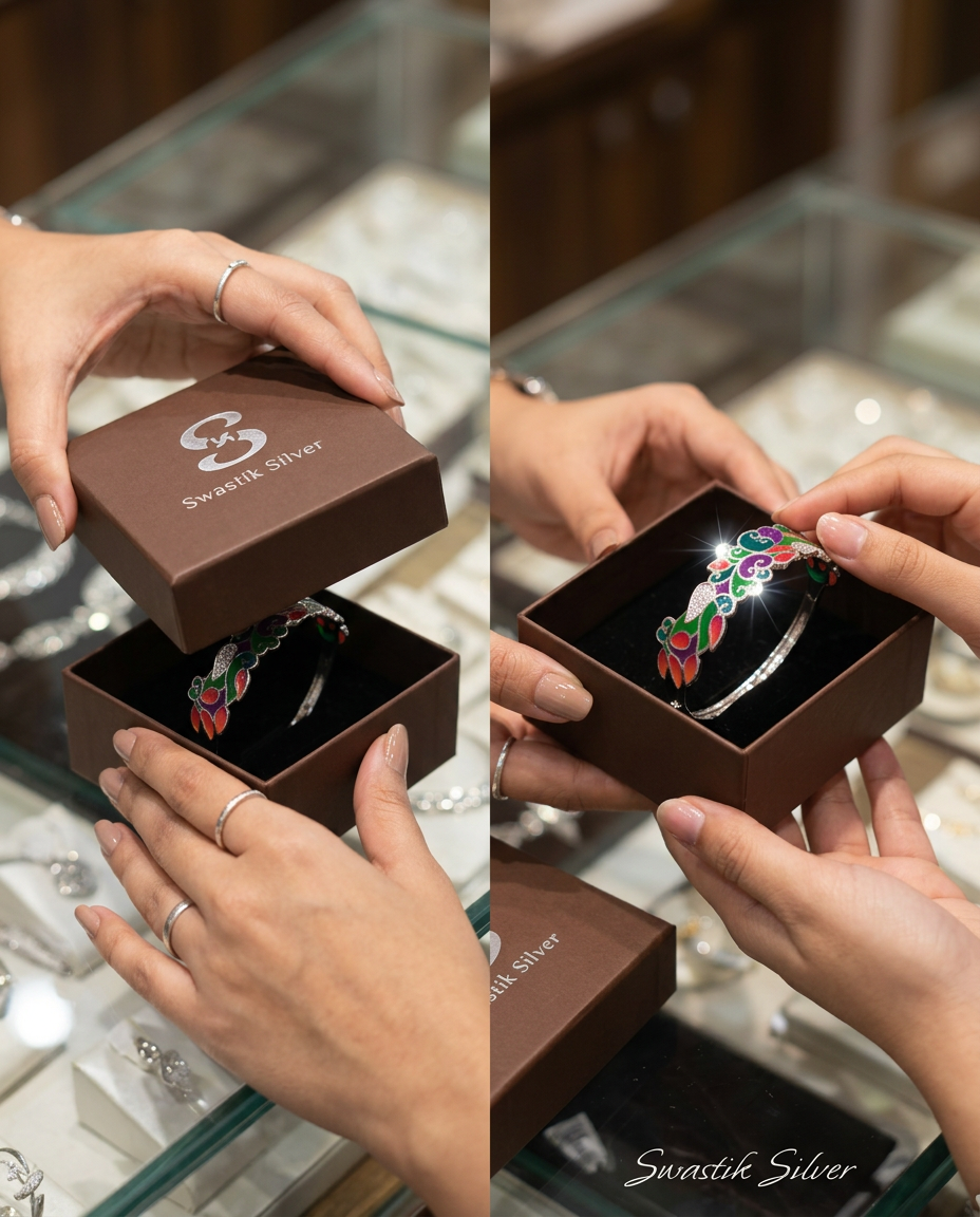 The Mayura Royale Hand-Painted Meenakari Silver Openable bracelet view 5