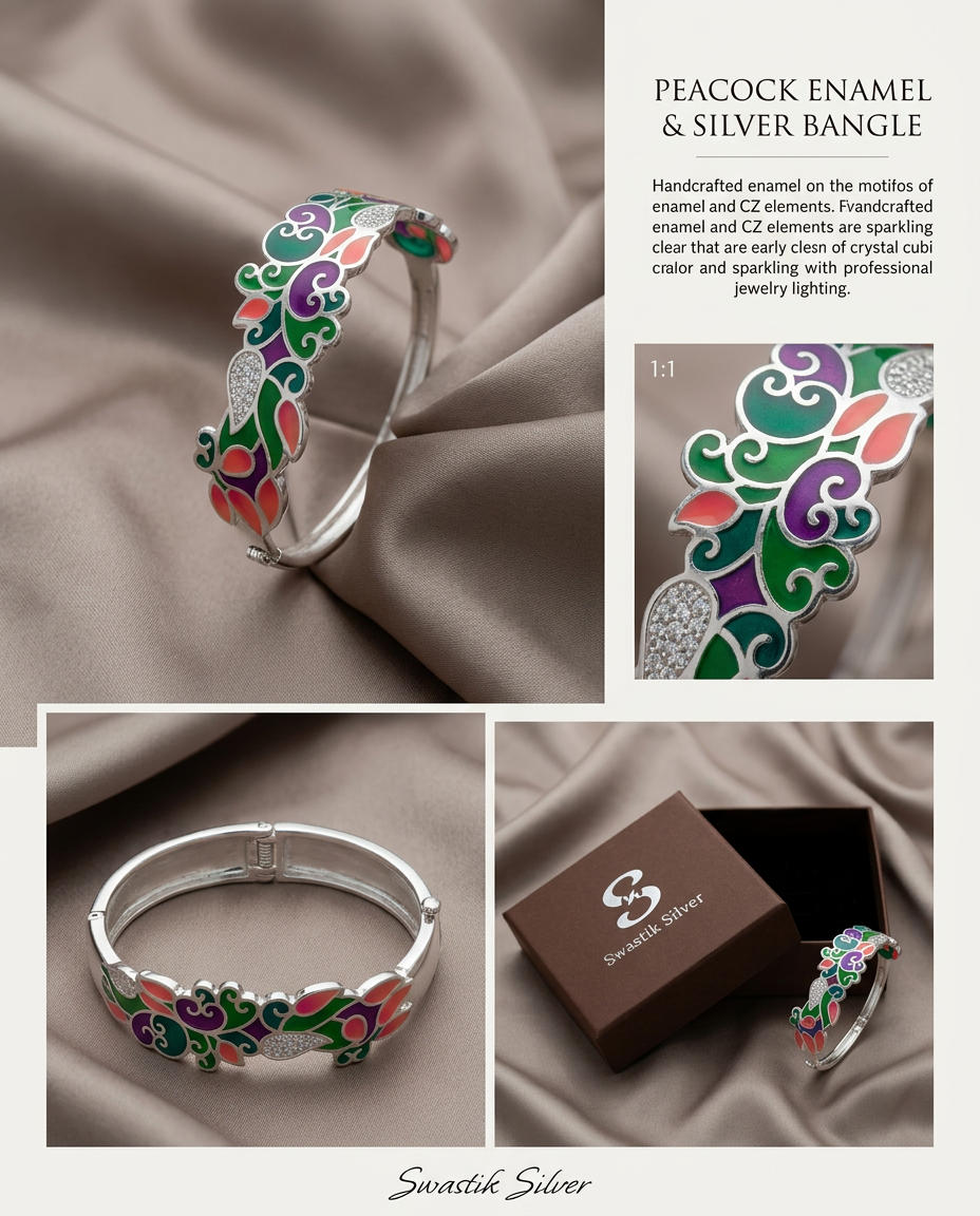 The Mayura Royale Hand-Painted Meenakari Silver Openable bracelet view 3