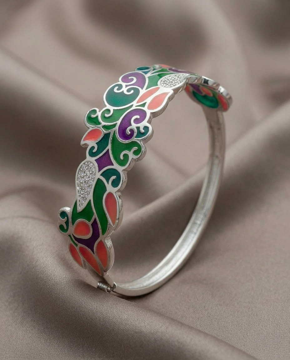 The Mayura Royale Hand-Painted Meenakari Silver Openable bracelet
