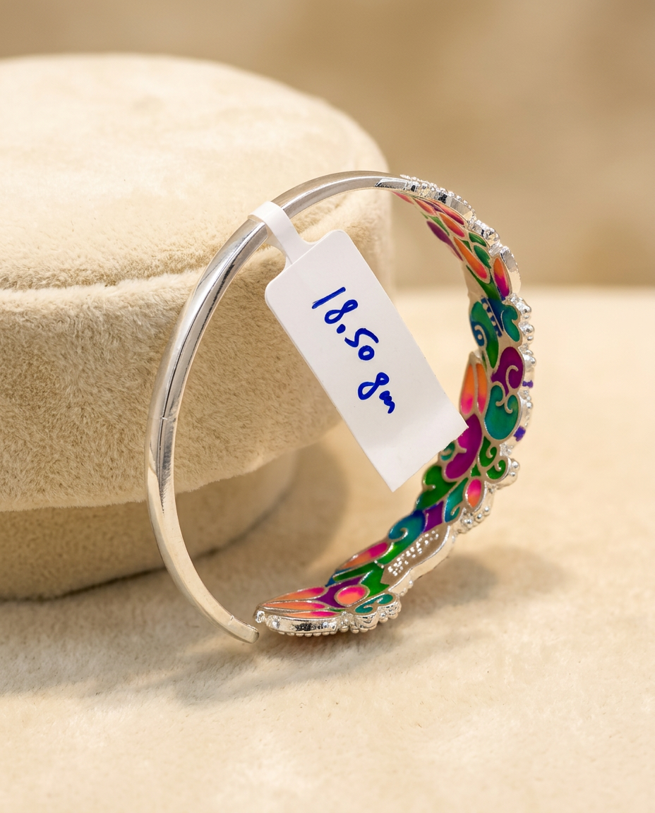 The Mayura Royale Hand-Painted Meenakari Silver Openable bracelet view 4