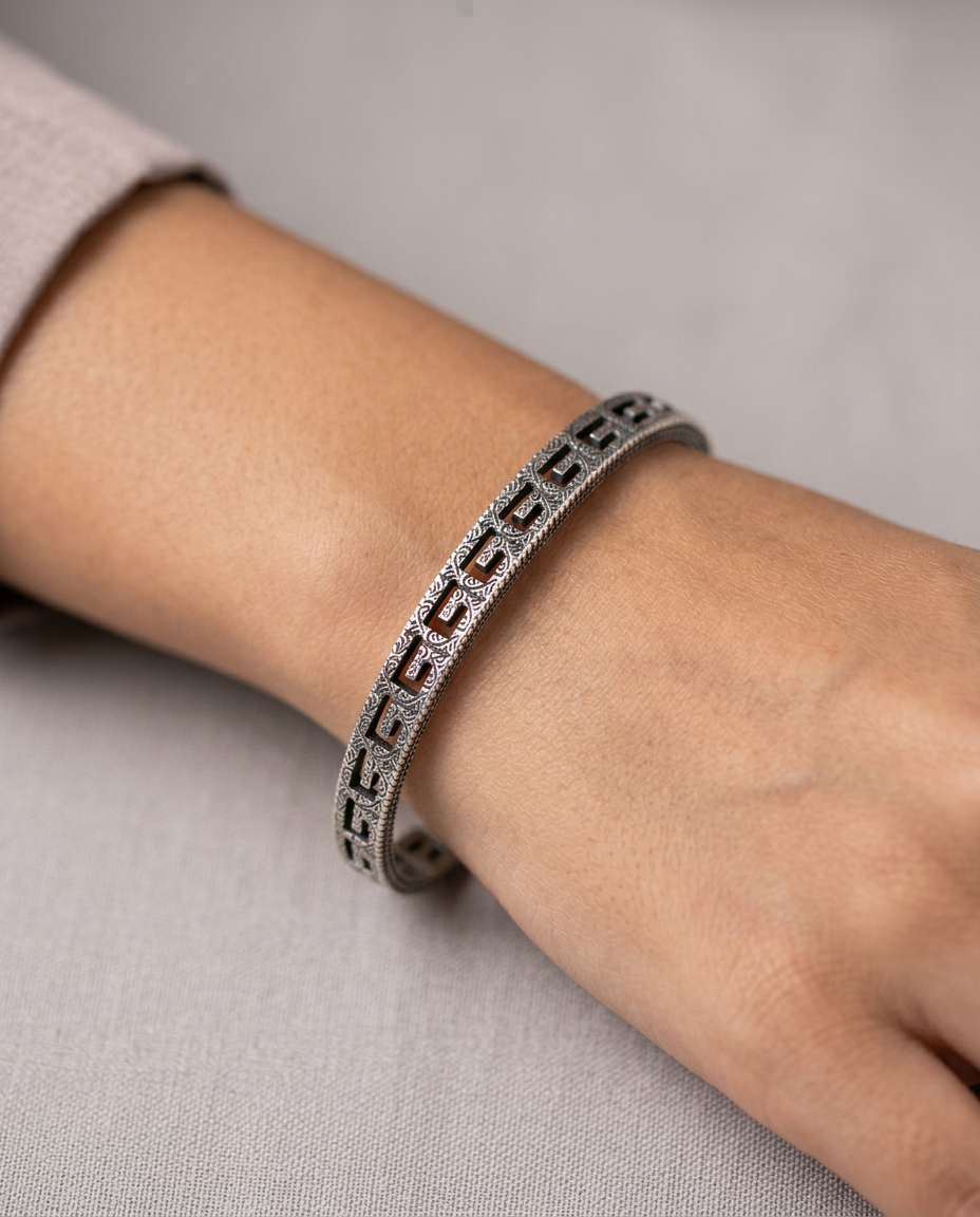 Spartan Meander Engraved Silver Cuff Bracelet view 3