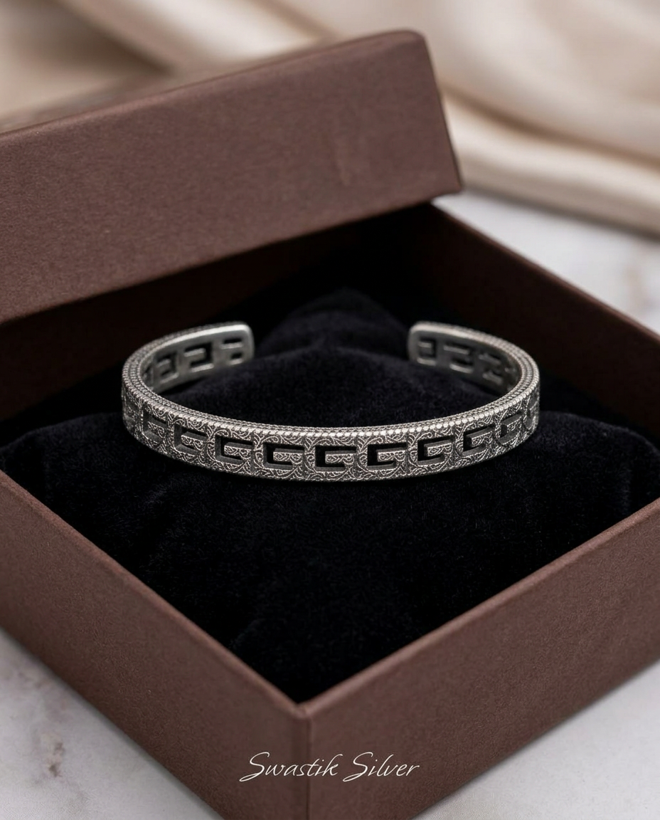 Spartan Meander Engraved Silver Cuff Bracelet view 2