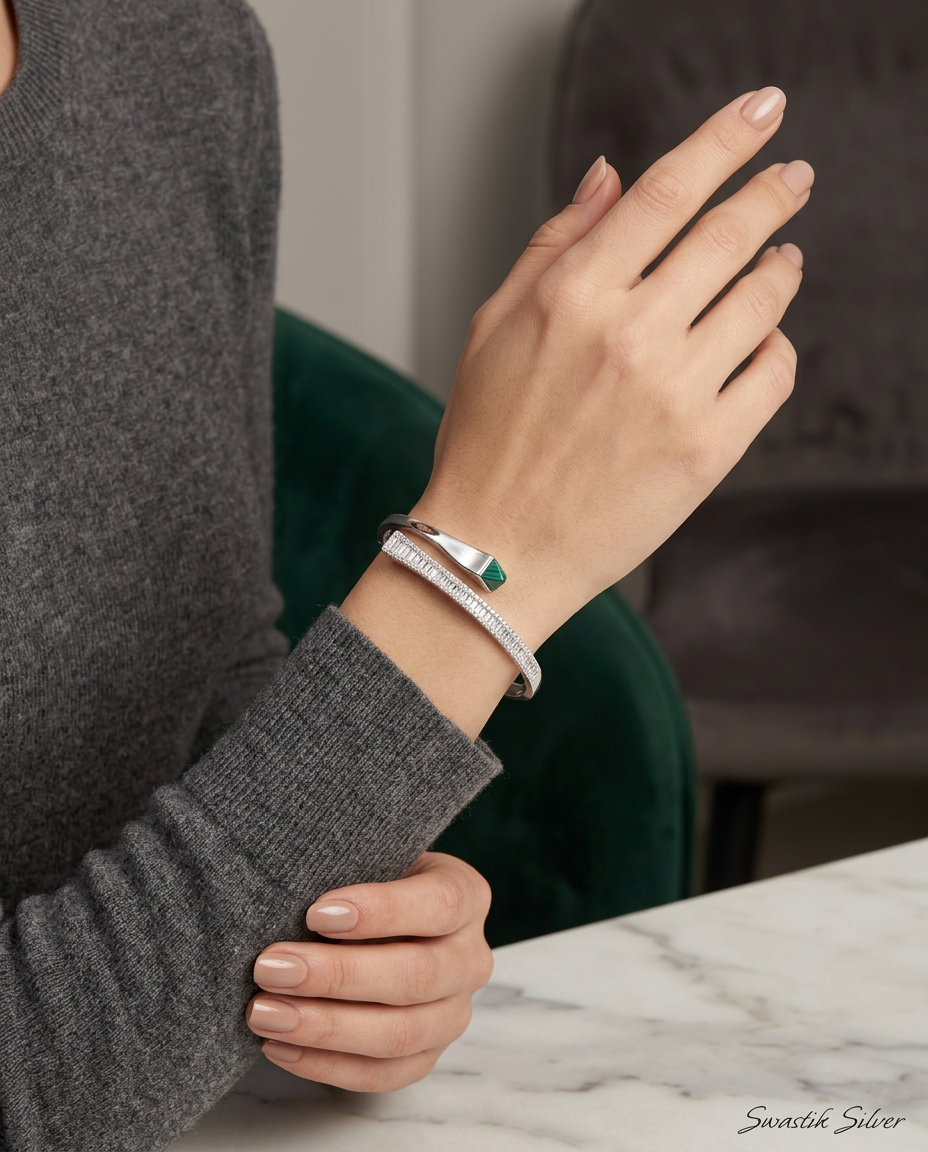 Geometric Vanguard Baguette CZ & Malachite Silver Openable Bracelet view 5