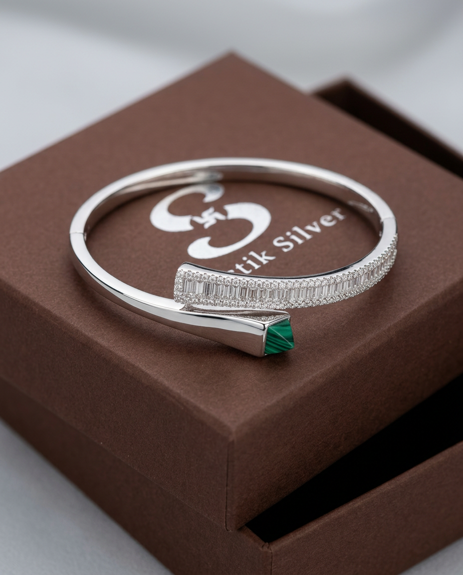 Geometric Vanguard Baguette CZ & Malachite Silver Openable Bracelet view 4