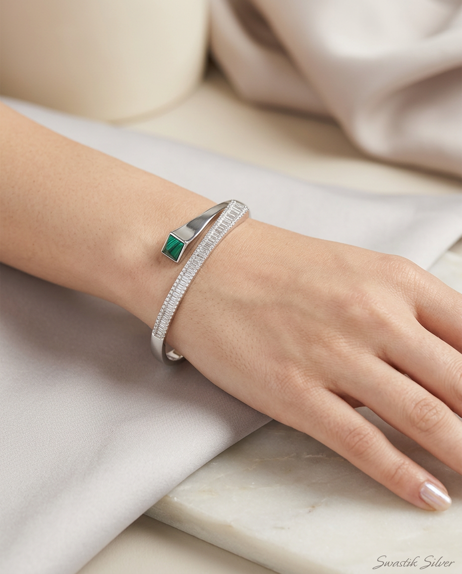 Geometric Vanguard Baguette CZ & Malachite Silver Openable Bracelet view 2