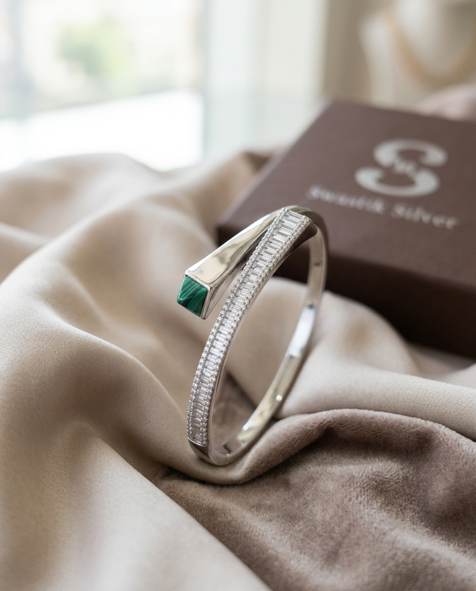 Geometric Vanguard Baguette CZ & Malachite Silver Openable Bracelet