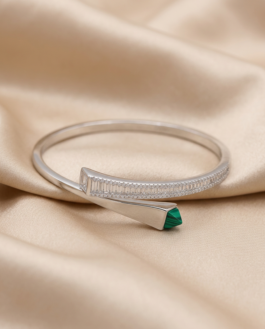 Geometric Vanguard Baguette CZ & Malachite Silver Openable Bracelet view 3