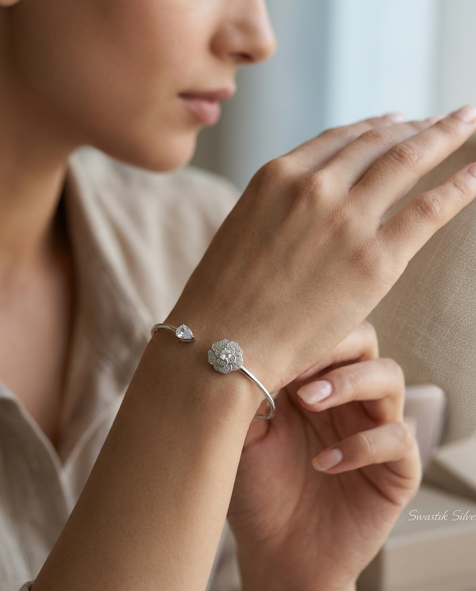 Camellia Bloom Pavé CZ Silver Cuff Bracelet view 4
