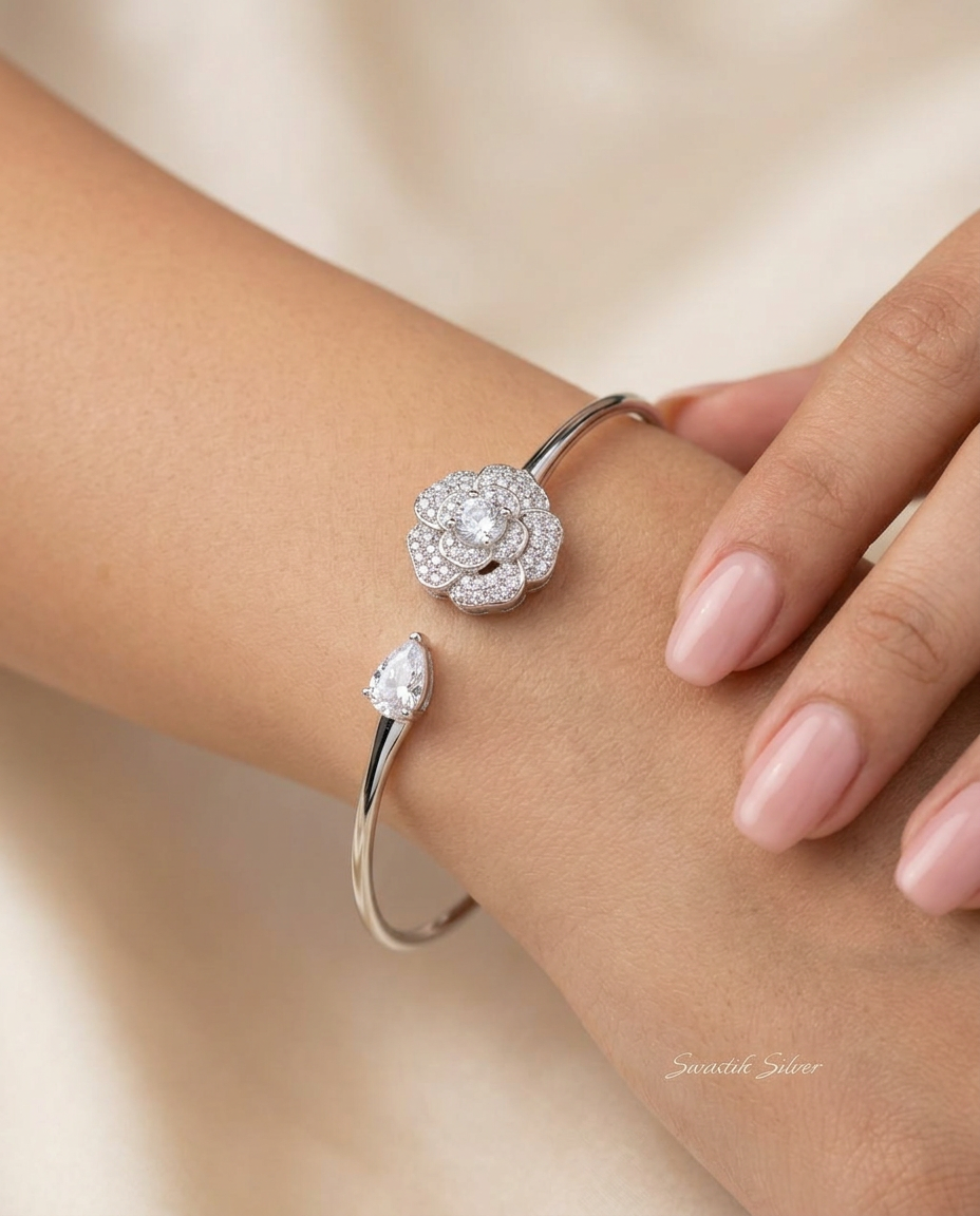 Camellia Bloom Pavé CZ Silver Cuff Bracelet view 2