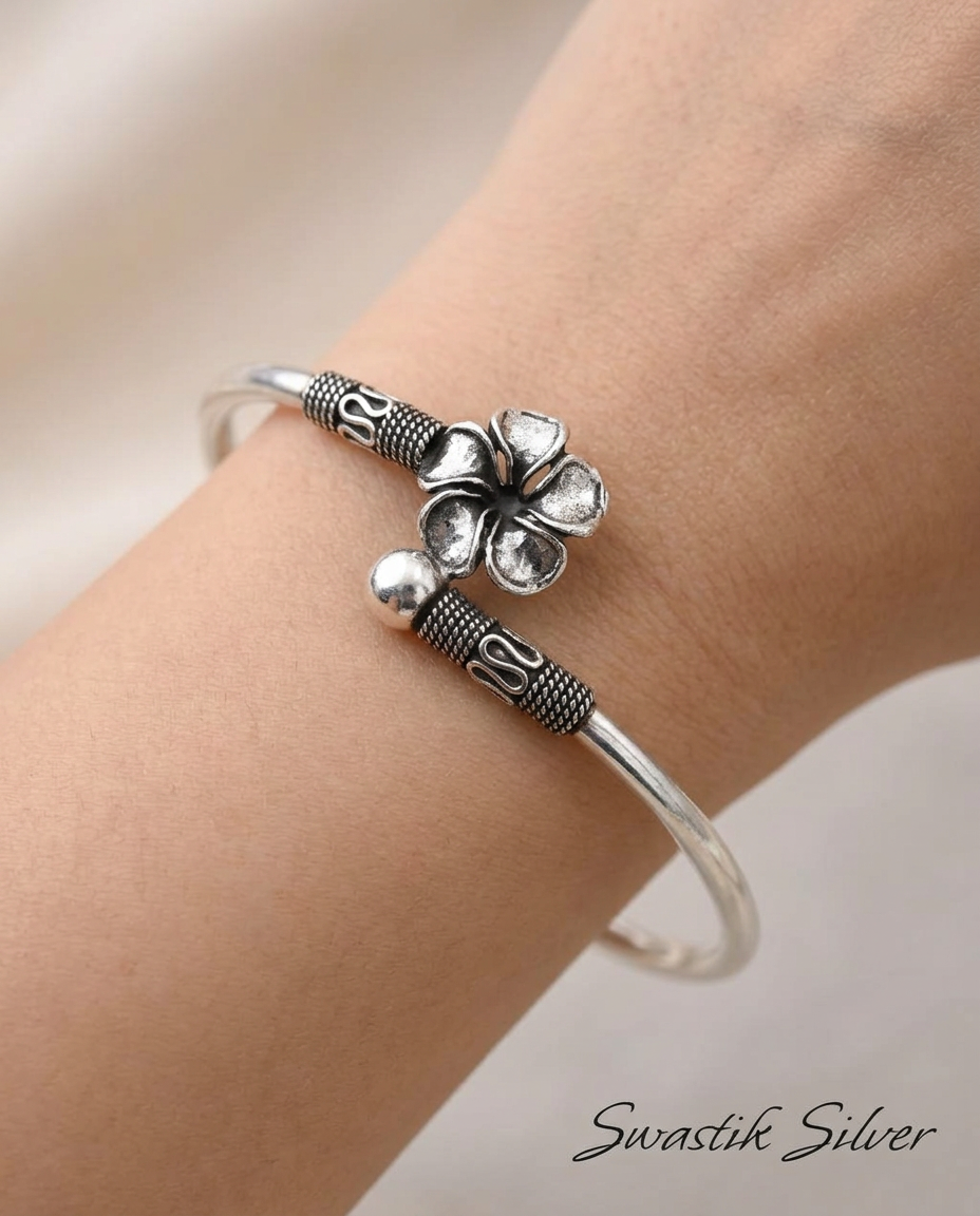 Frangipani Bloom Handcrafted Hollow Silver Cuff Bracelet view 2