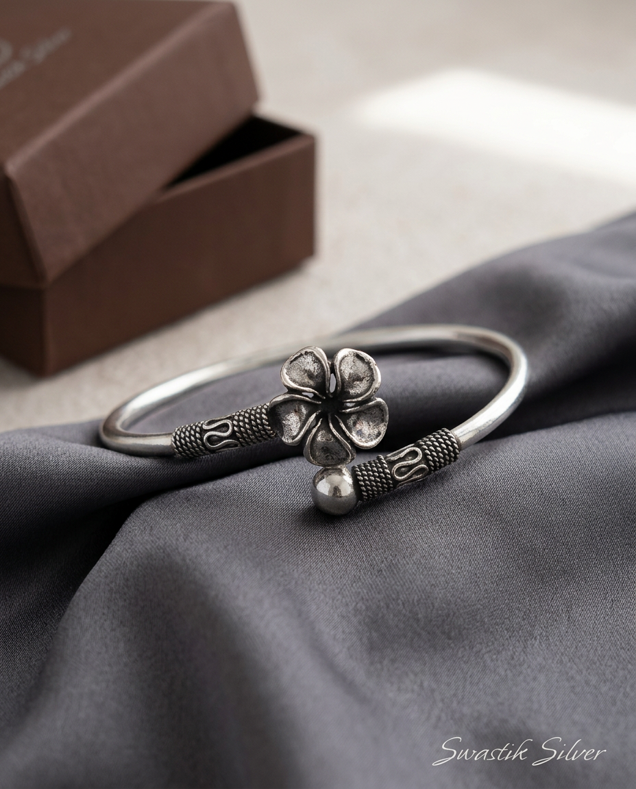 Frangipani Bloom Handcrafted Hollow Silver Cuff Bracelet